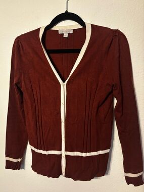 Bogari Silk Blend Cardigan S Rust Brown Cream Trim V-Neck Button Front Retro Y2K